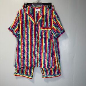 Cabernet Sleepwear Womens Rainbow Stripe Satin Pajama Set S Short Sleeve Cropped